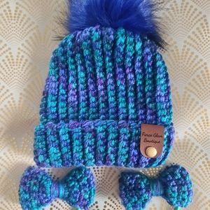 Hand-made Baby Beanie with two matching hair ponytails